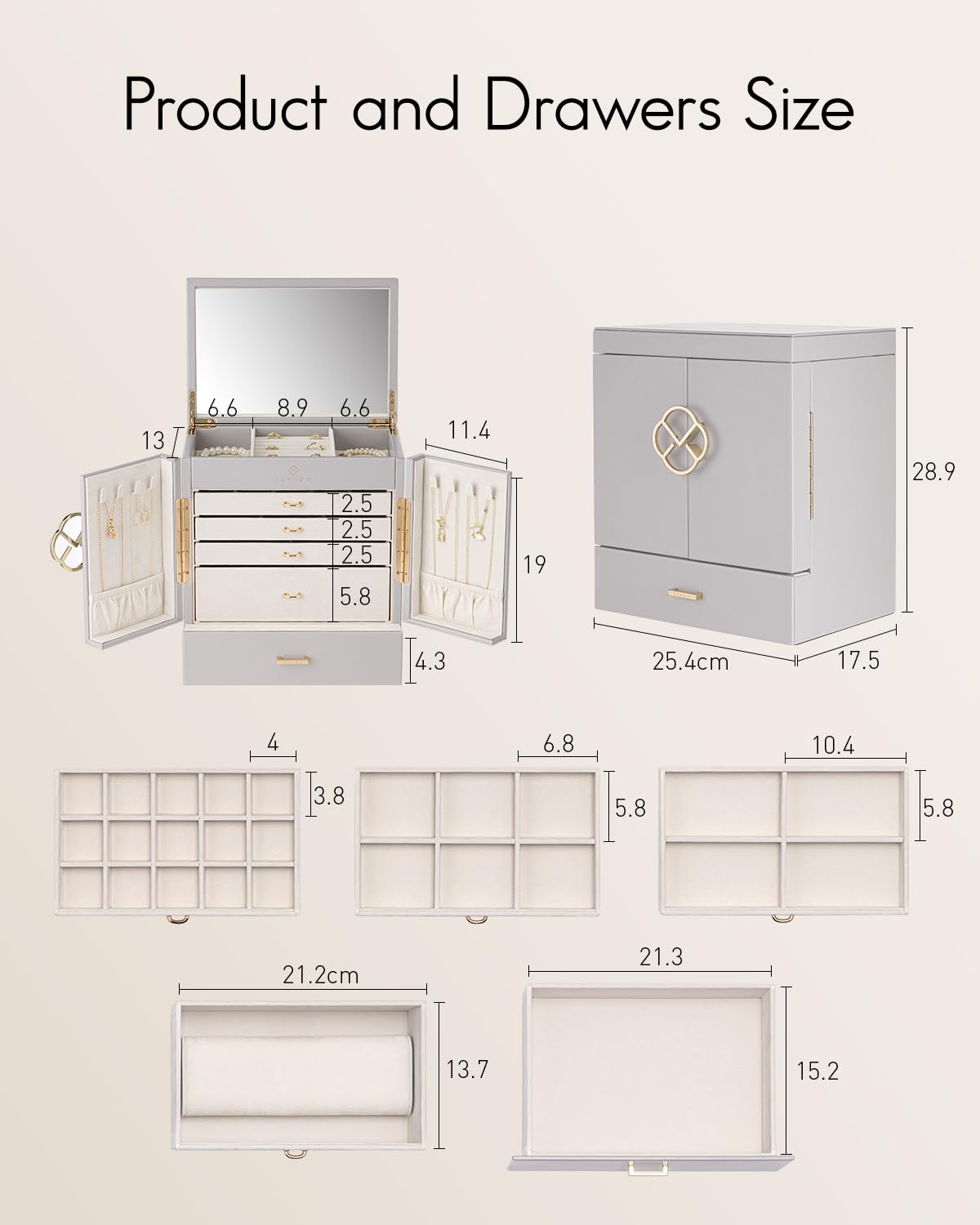 Vlando Jewelry Box Large, French Jewelry Case 6 Levels, Jewelry Organizers Large XXL with Mirror, Drawers, Jewelry Storage for Women, Jewelry Box for Earrings, Necklaces, Watches
