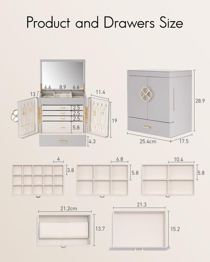 Vlando Jewelry Box Large, French Jewelry Case 6 Levels, Jewelry Organizers Large XXL with Mirror, Drawers, Jewelry Storage for Women, Jewelry Box for Earrings, Necklaces, Watches