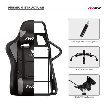 IWMH Gaming Chair, Ergonomic Computer Chair with High Backrest, Height Adjustable Swivel Chair, Racing Chair with Armrests, Adjustable Headrest and Lumbar Support (Gray)