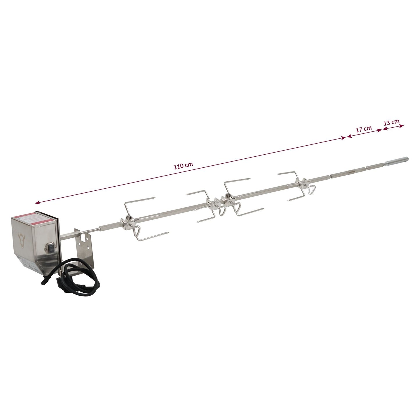 BBQ-Toro Stainless Steel Rotisserie Kit for the full Weber Genesis II 400 and 600 series including 4 meat forks, motor, motor bracket, rotisserie rod, rotisserie spike.