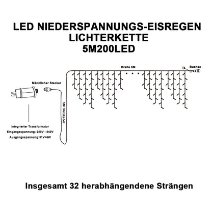 String lights Ice rain Outdoor, 5m 200 LED light curtain LED with timer, IP44 waterproof 8 modes for indoor outdoor Christmas, Bedroom, Party, Wedding, Balcony, Garden Decoration