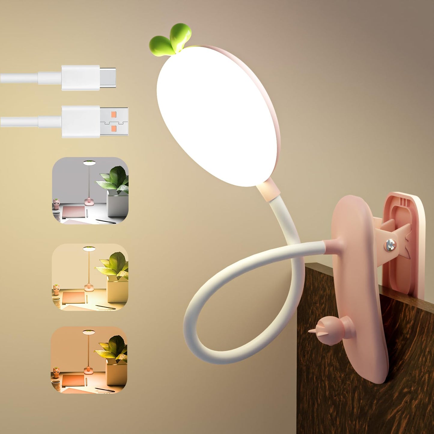 QJUZO Clip-on bedside lamp for children, LED clip light with dimmable reading lamp, book clip USB rechargeable desk lamp with flexible gooseneck, 2400mAh battery, pink