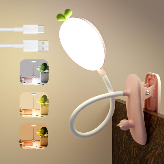QJUZO Clip-on bedside lamp for children, LED clip light with dimmable reading lamp, book clip USB rechargeable desk lamp with flexible gooseneck, 2400mAh battery, pink