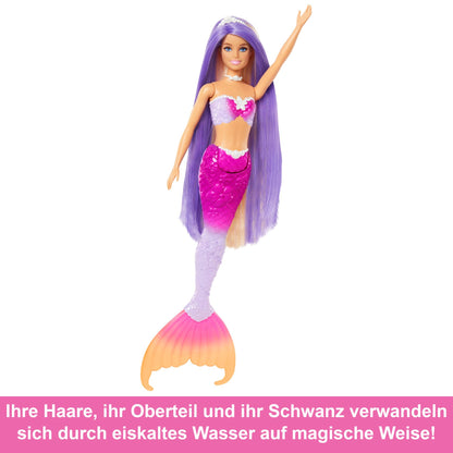 Barbie Mermaid Doll - Inspired by the TV series "Barbie: A Hidden Magic", with color-changing effect and accessories, 19 cm long pink hair for styling, for children aged 3 and up, HRP97