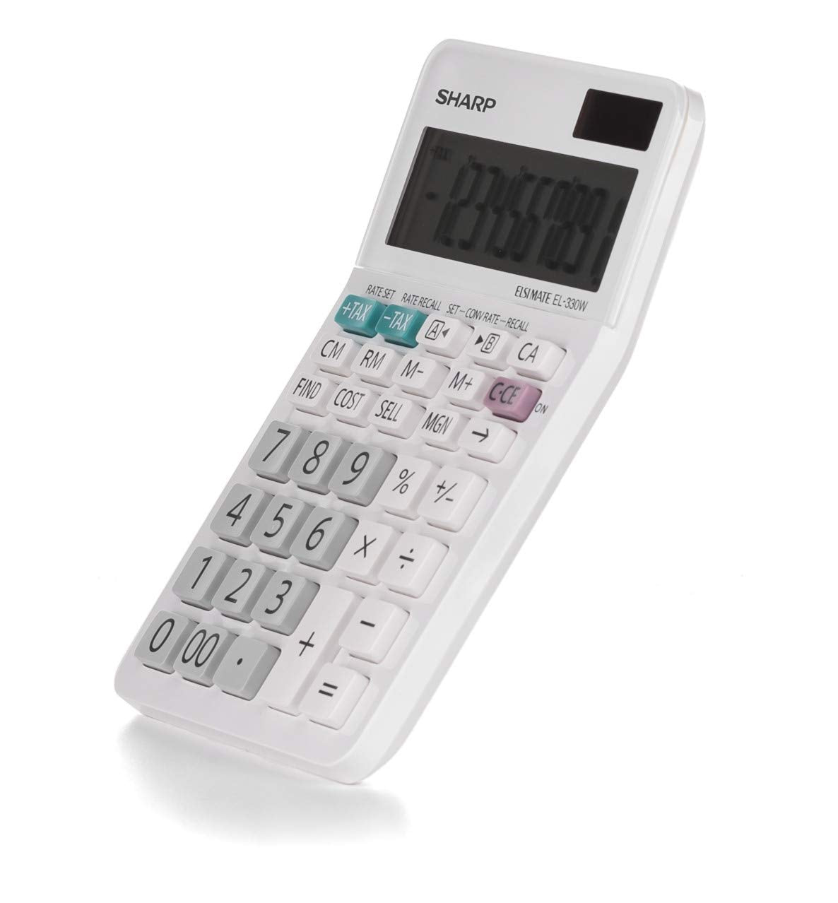 SHARP desk calculator with angled display (10-digit screen, solar/battery-powered) white SH-EL330W