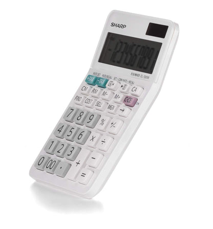 SHARP desk calculator with angled display (10-digit screen, solar/battery-powered) white SH-EL330W