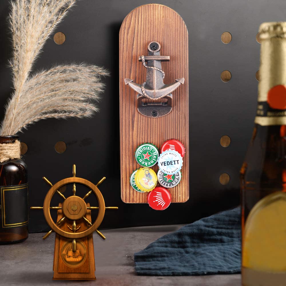 ZONSUSE Bottle Opener Wall Magnet with Catcher, Vintage Wood Beer Opener Wall with Container, Magnetic Bottle Opener, Unique Gift Ideas Gifts for Men Christmas Gifts