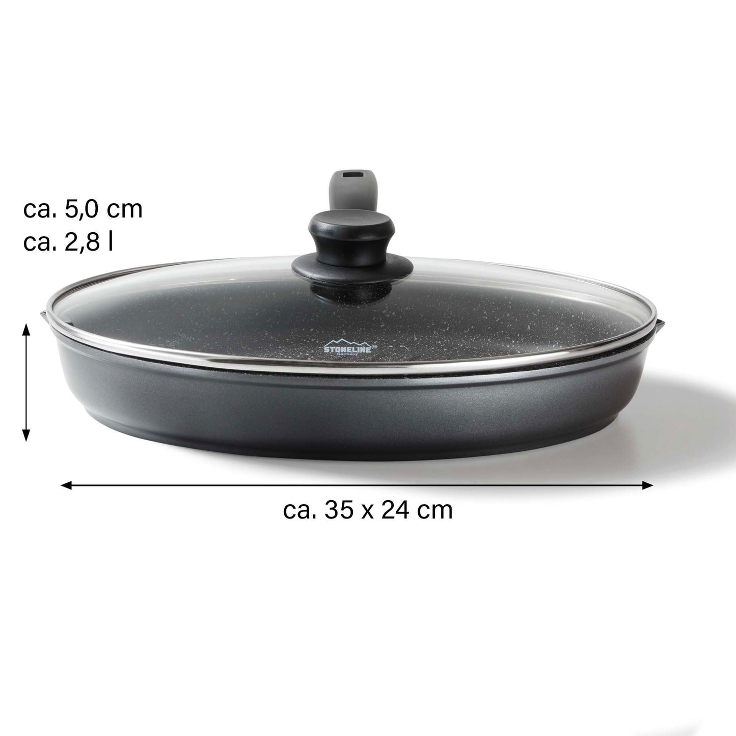 STONELINE XXL pan oval fish pan schnitzel pan 35 x 24 cm, die-cast pan with lid suitable for induction, grill pan universal pan large pan coated with real stone particles.