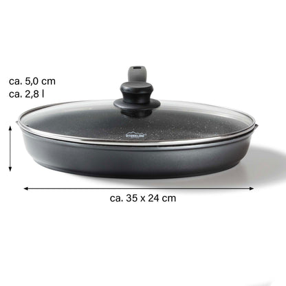 STONELINE XXL pan oval fish pan schnitzel pan 35 x 24 cm, die-cast pan with lid suitable for induction, grill pan universal pan large pan coated with real stone particles.