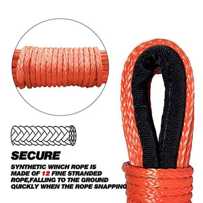 12-strand synthetic winch rope, 6mm x 15m. Synthetic winch rope with sheath. Auto tow rope for SUV, ATV, UTV, off-road vehicles, trucks, and boats. Red color.