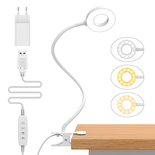 iZELL 23 LED Reading Light for Bed Dimmable -【3 Modes & 10 Brightness Levels】 Eye Protection Clip-on Lamp with 70cm Flexible Gooseneck, Book Light, Desk Lamp with 10W USB Charger, White