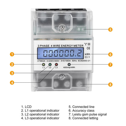 Judavry 3-phase power meter, DIN rail three-phase four-wire power meter digital 230/400V 5-100A electricity meter LCD energy meter for DIN rail sub-metering electricity.