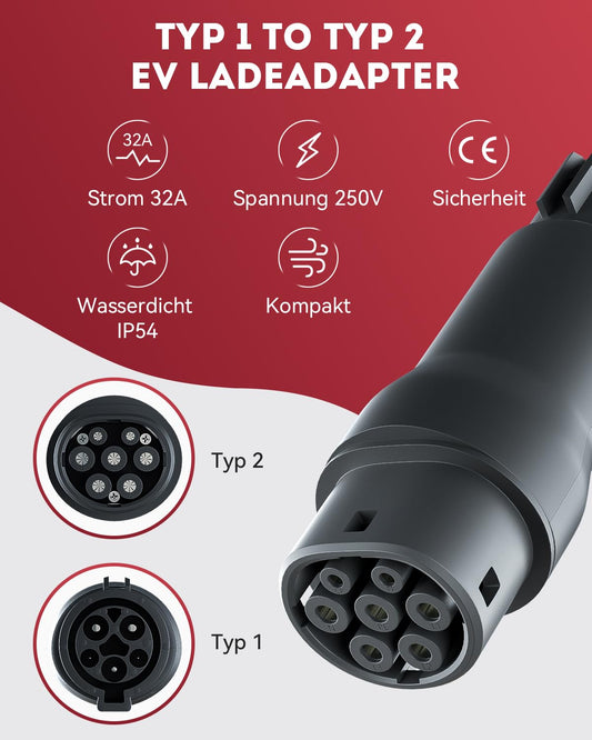 MCEVKELN EV charging adapter Type 1 to Type 2, single phase| IP54| 250V| 32A EV adapter for Type 2 PEV to Type 1 charging cable, car charger converter electric vehicle charging adapter, SAE J1772 to IEC 62196-2.