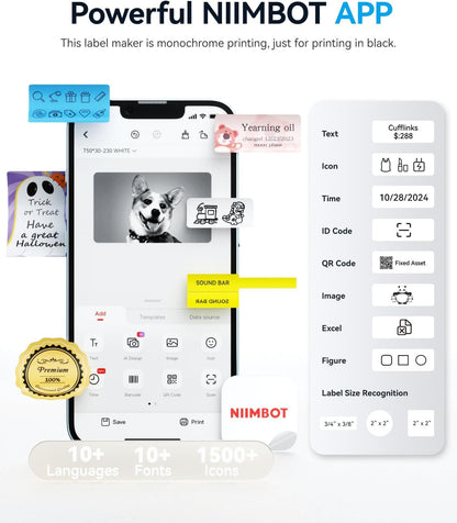 NIIMBOT B1 Bluetooth Label Printer with 3 labels, wide water-resistant labels, versatile app with 30 fonts and over 1500 icons, labeling device for retail, office, organization.