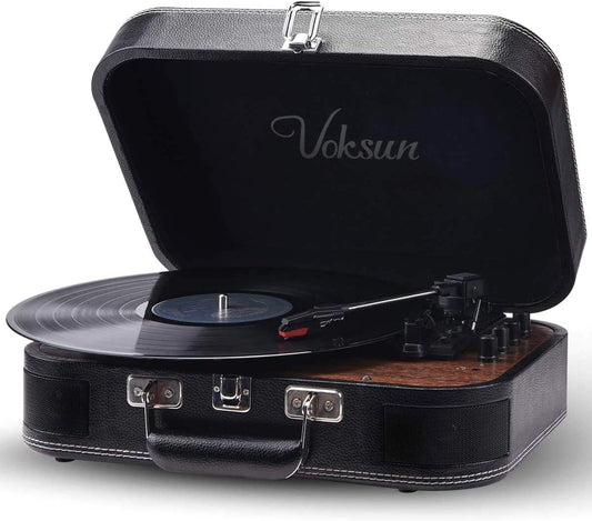VOKSUN Turntable, portable Bluetooth vinyl record player with integrated stereo speakers, supports vinyl to MP3 recordings (UK, will need a plug adapter from UK to EU)