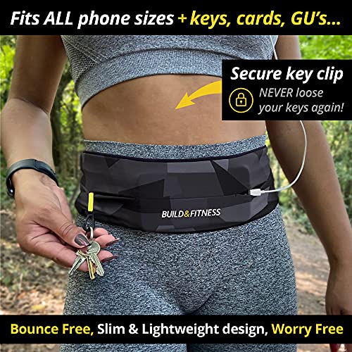Build & Fitness running belt, flip waist pouch, key clip, suitable for iPhone, Samsung.