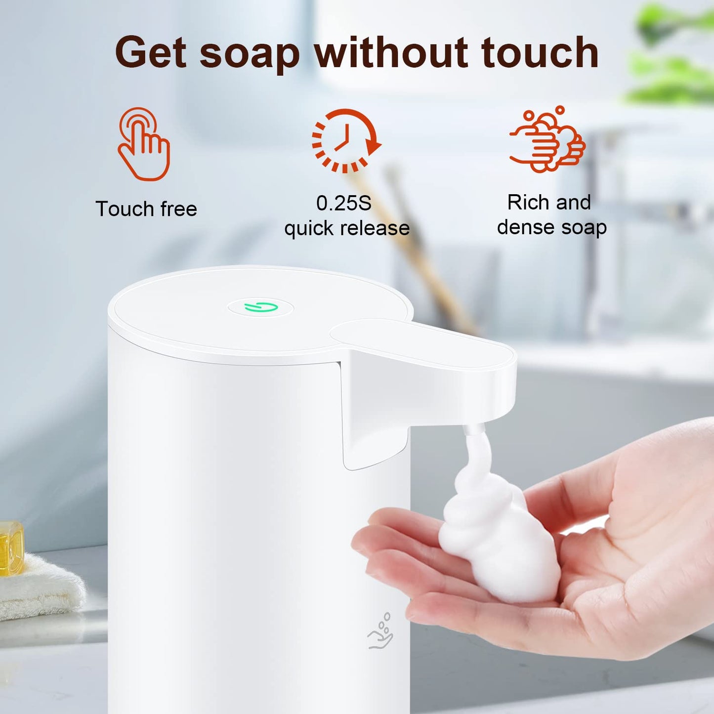 Automatic stainless steel foam soap dispenser LAOPAO Soap Dispenser Set IPX5 Waterproof USB-C Recharge with sensor infrared motion sensor for kitchen & bathroom (White)