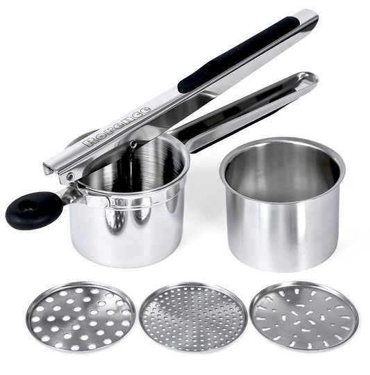 Rorence stainless steel potato masher with 3 interchangeable discs & inner cup & silicone grips (Black)