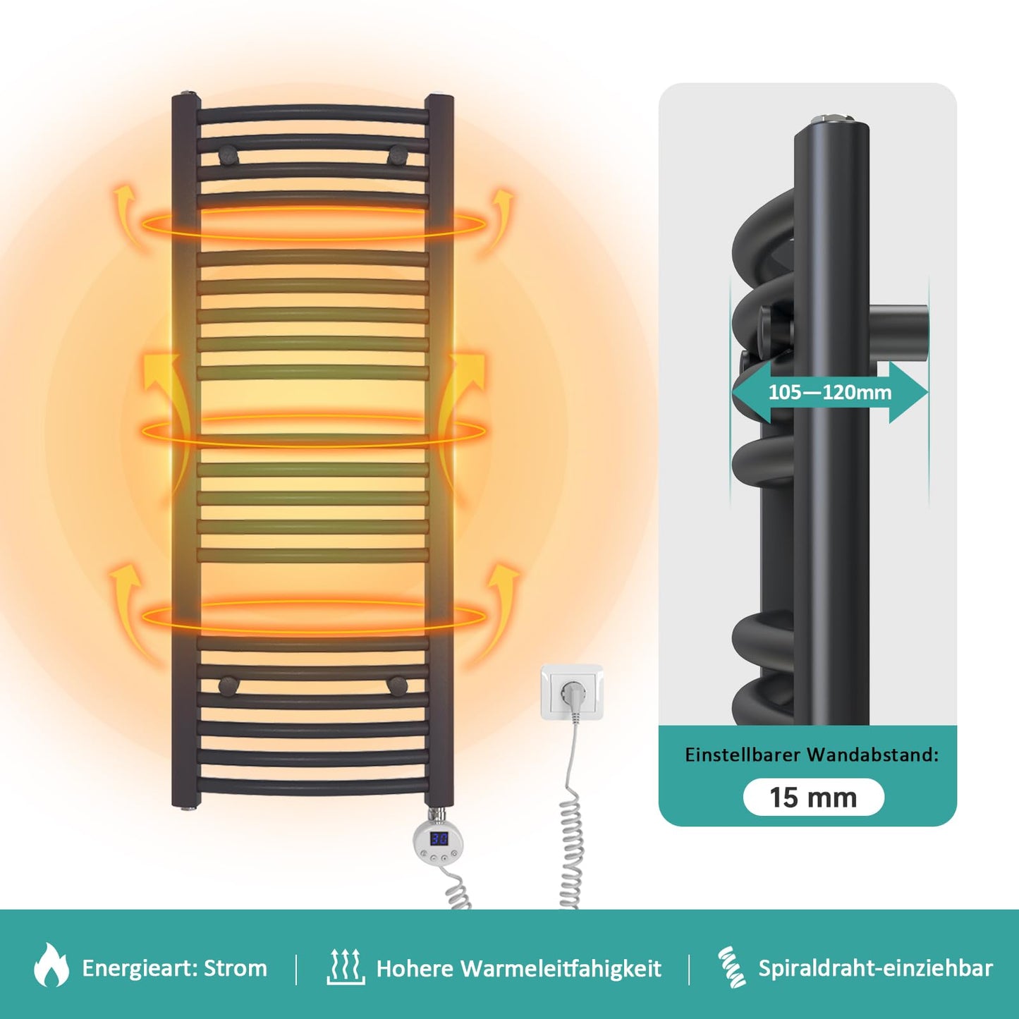EMKE Electric Towel Warmer 120x60 cm, Curved Electric Bath Heater with Thermostat, Towel Dryer Towel Warmer with Timer Anthracite 600 Watt