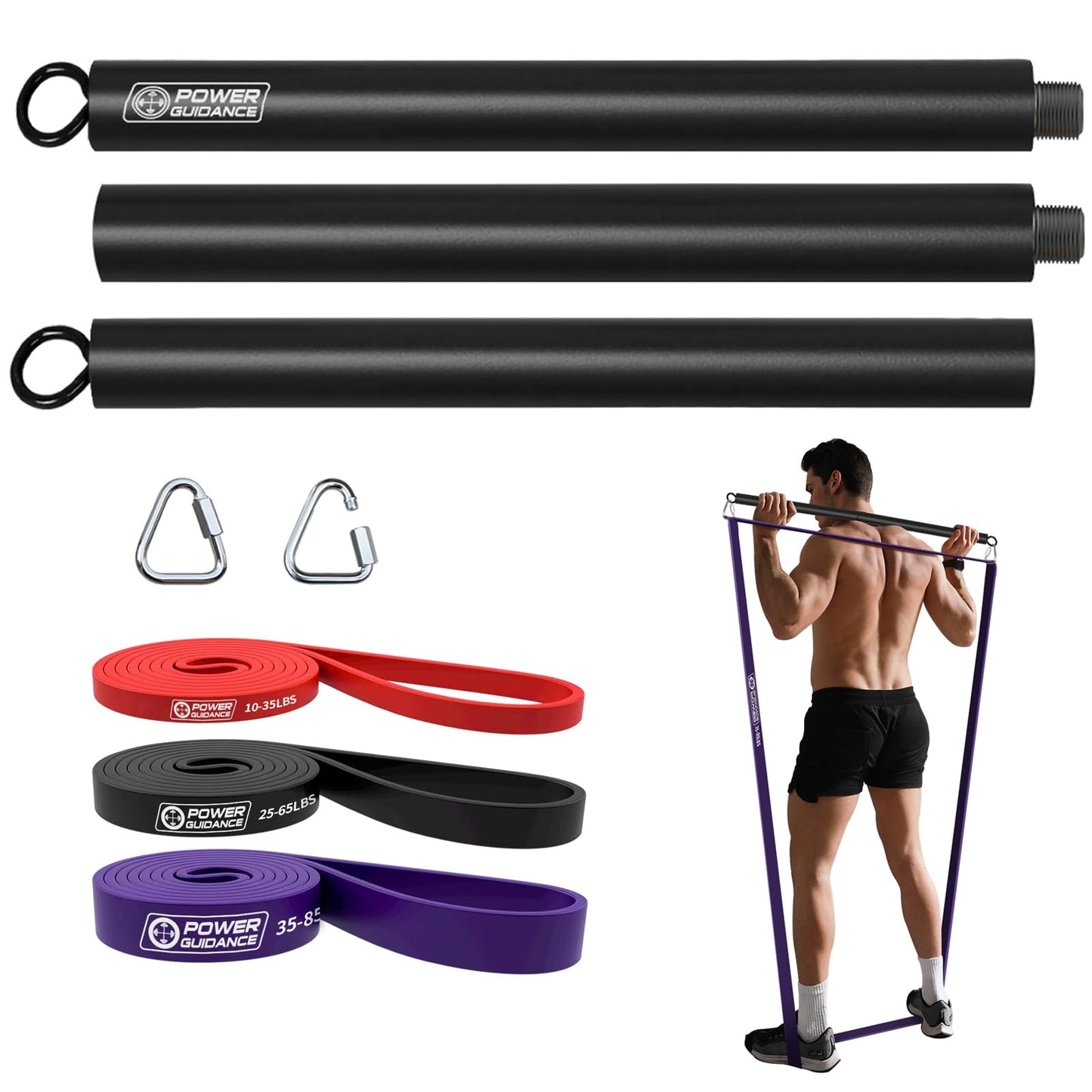 POWER GUIDANCE Resistance Bands, Fitness Bands, Pull Up Resistance Band - Perfect for Body Stretching, Powerlifting (#7. A set of 4 (red + black + purple + Pilates Bar)