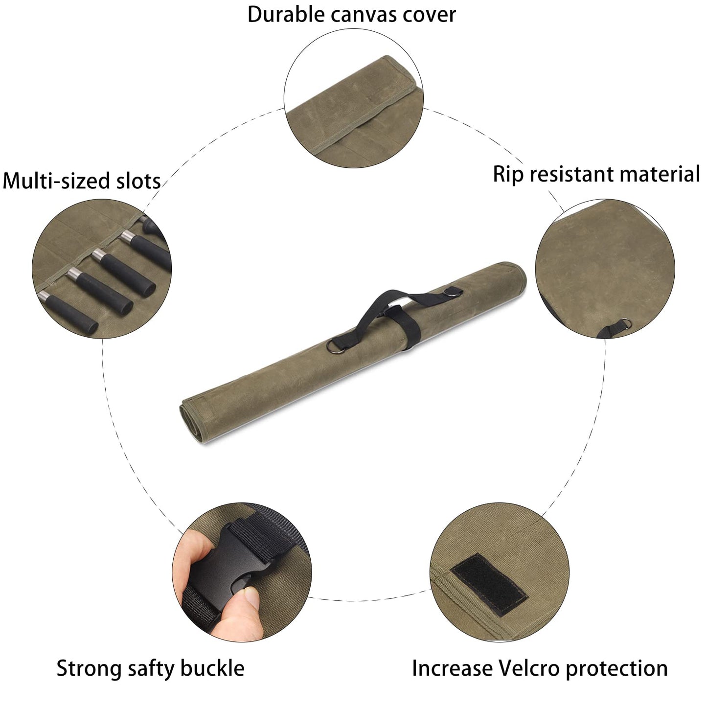 Kitchen knife storage bag, waxed canvas, utensil for knives, roll-up bag with 9 compartments, sheath for kitchen knives measuring up to 29 inches long.