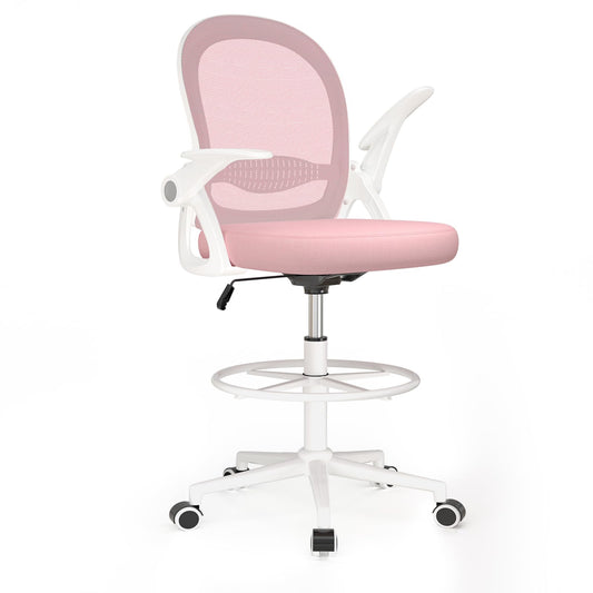 Naspaluro office chair with footrest ring, ergonomic desk chair with breathable mesh, foldable armrests, height adjustable, computer chair, lightweight, 360° swivel chair Pink.