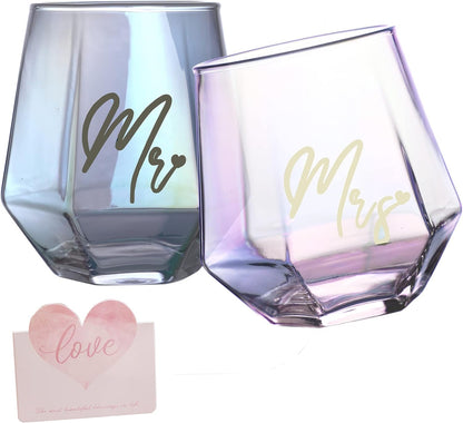 Iridescent Mr and Mrs wine glasses gifts, wedding gifts, engagement gifts for couples, bridal shower gift, anniversary gift for his and hers, gifts for bride and groom.