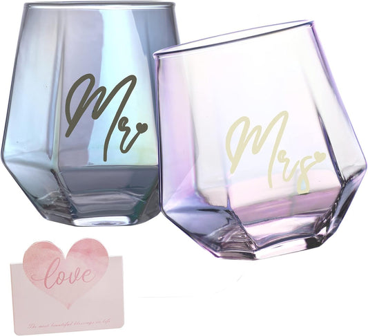 Iridescent Mr and Mrs wine glasses gifts, wedding gifts, engagement gifts for couples, bridal shower gift, anniversary gift for his and hers, gifts for bride and groom.