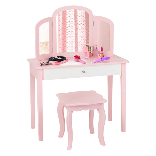 GOPLUS 2 in 1 Kids Vanity/Desk, Vanity Table & Chair, Makeup Table with Removable Triple Mirror & Drawer, Padded Stool, made of wood, in country style, for children's room (Pink)