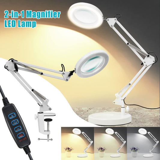 LED magnifying lamp, workplace light, 8 diopter magnifier with light - with clamp & stand, swivel arm, dimmable, 3 color modes, magnifier for reading, crafting - 8x magnification (white)