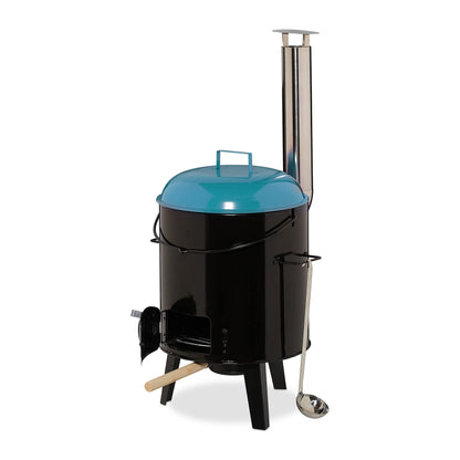 Relaxdays Goulash Cannon, enameled, goulash cauldron with lid, 14 liters, with grill grate, outdoor field kitchen, black/blue.
