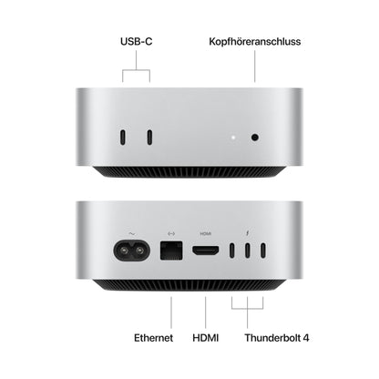 Apple Mac mini desktop computer with M4 chip featuring 10-core CPU and 10-core GPU: 16GB of shared memory, 512GB SSD storage, Gigabit Ethernet. Compatible with iPhone/iPad.