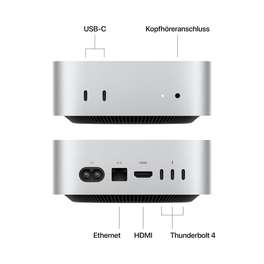 Apple Mac mini desktop computer with M4 chip featuring 10-core CPU and 10-core GPU: 16GB of shared memory, 512GB SSD storage, Gigabit Ethernet. Compatible with iPhone/iPad.