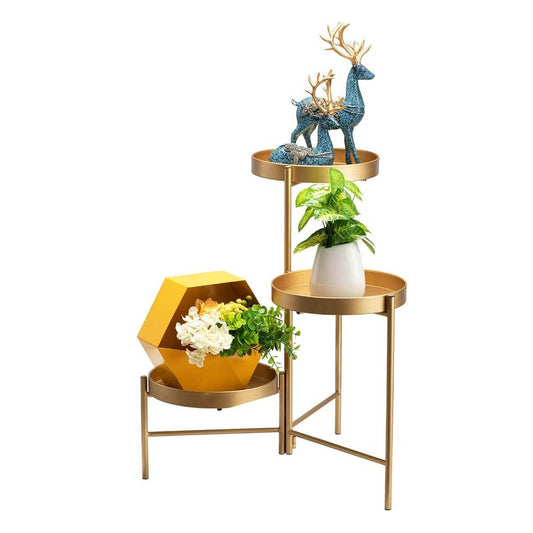 SUPTAIN 3 tier metal plant stand, flower stand with three removable trays, Multi-layer plant shelf flower shelf plant stairs for living room corner balcony terrace courtyard, Gold