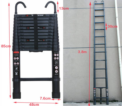 3.8m / 12.5FT telescopic folding extendable extension ladder Multipurpose ladder EN131 certified Max. Load 150kg / 330lb with detachable roof hook