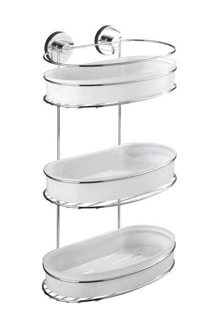 WENKO Vacuum-Loc wall shelf 3 tiers Milazzo, wall shelf without drilling, shower shelf, shelf for bathroom and kitchen, chromed metal with white plastic insert, 28 x 47.5 x 15 cm