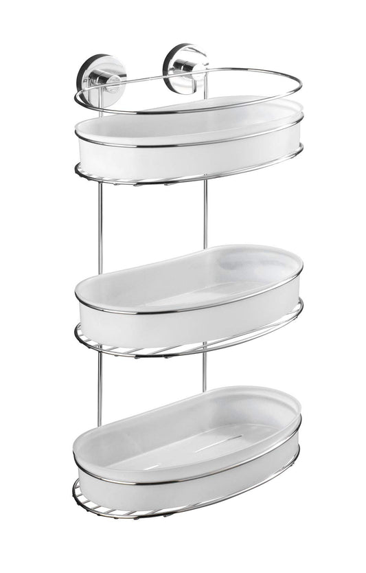 WENKO Vacuum-Loc wall shelf 3 tiers Milazzo, wall shelf without drilling, shower shelf, shelf for bathroom and kitchen, chromed metal with white plastic insert, 28 x 47.5 x 15 cm