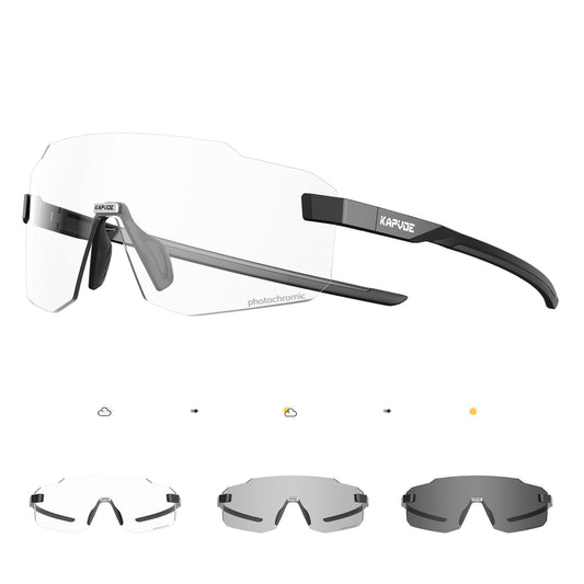 KAPVOE photochromatic self-tinting cycling glasses for men and women. Clear road bike glasses, MTB sports glasses. UV400 protection, frameless transparent lenses for outdoor sports. K341.