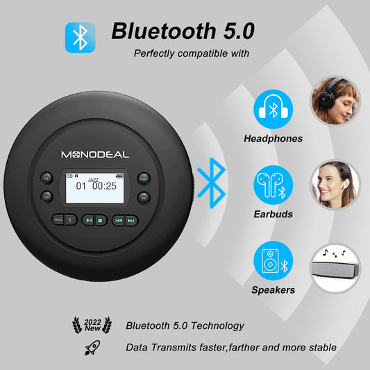MONODEAL Portable CD Player Bluetooth, Rechargeable Discman for car and kids, Anti-Skip, compact with headphones