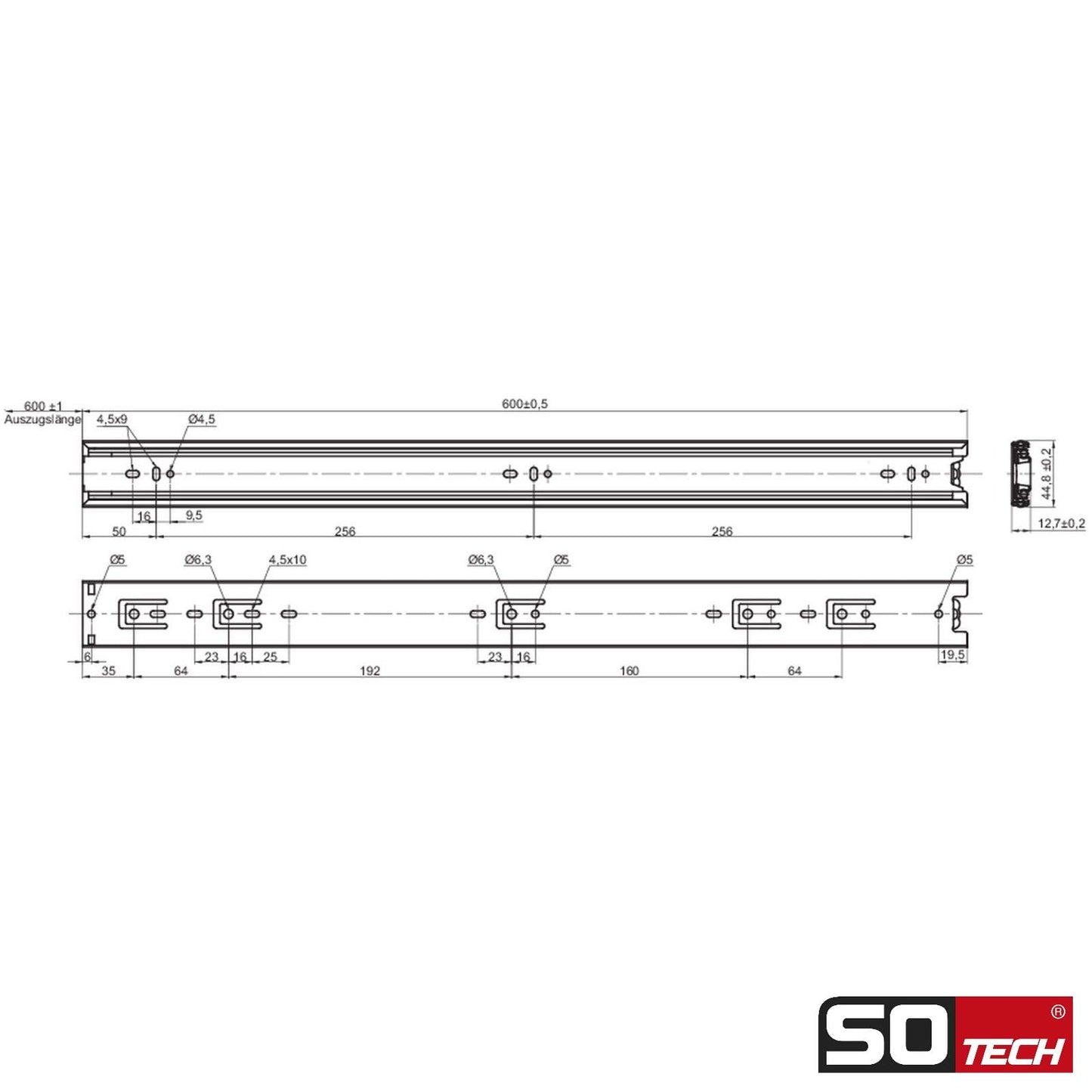 SOTECH 2 pairs (4 pieces) full extension slides KV1-45-H45-L600-NF 600 mm (retracted) telescopic ball bearing slide load capacity 45 Kg