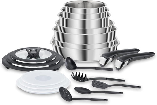 Lagostina Ingenio INOX pot and pan set for induction, stainless steel 18/10, gray, 20 pieces.
