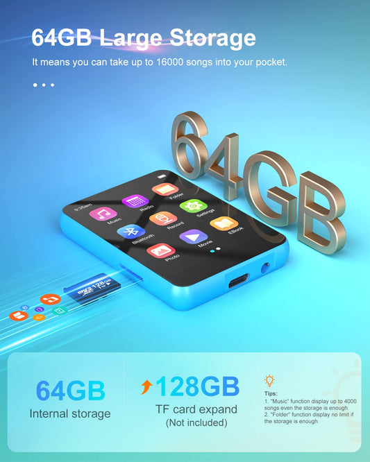 64GB MP3 player with Bluetooth 5.3, lively portable HiFi sound music player, 2.4 inch color screen, built-in HD speaker, FM radio, voice recording, E-book, up to 128GB TF card