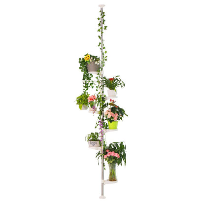BAOYOUNI 7-Layer Telescopic Flower Rack Plant Stand Indoor Plant Stand Tension Pole Metal Flower Display Rack Space Saver Corner Floral Pot Hanger Shelf, Ivory