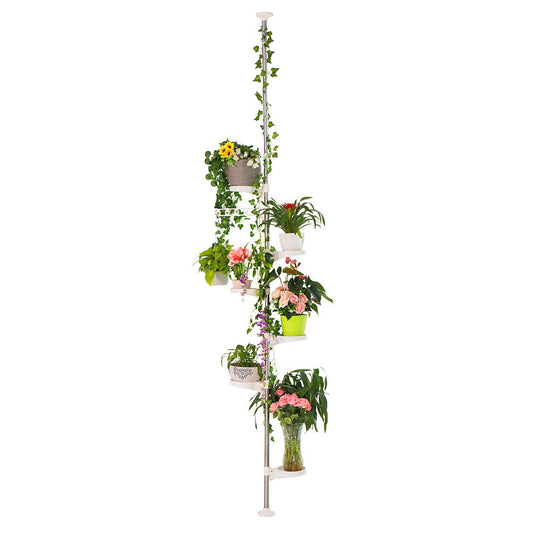 BAOYOUNI 7-Layer Telescopic Flower Rack Plant Stand Indoor Plant Stand Tension Pole Metal Flower Display Rack Space Saver Corner Floral Pot Hanger Shelf, Ivory