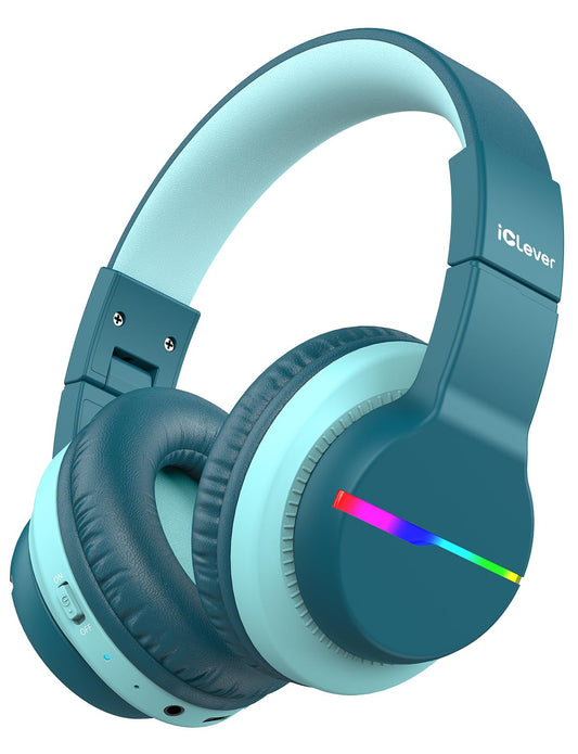 iClever Bluetooth kids headphones, colorful LED lights, over-ear design with 74/85dBA volume limiter, 85 hours of playtime, Bluetooth 5.2, built-in microphone BTH12.