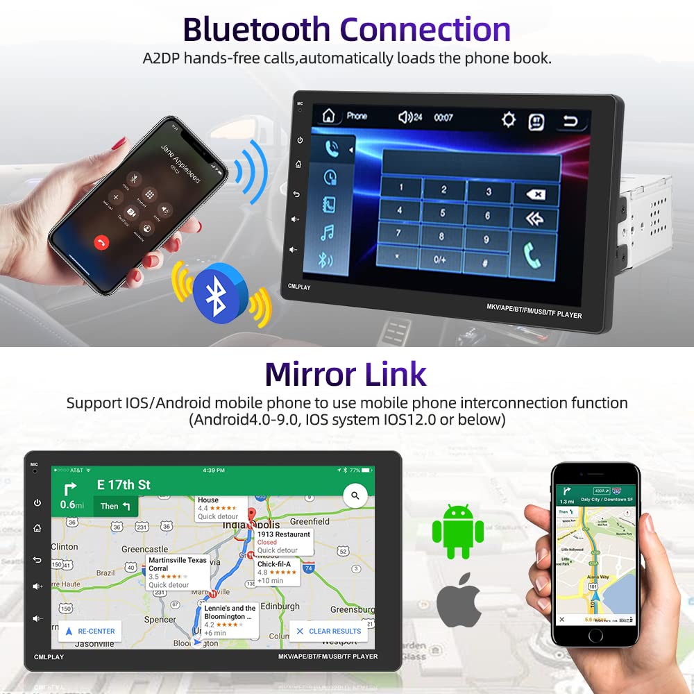 Podofo 1Din car stereo with Carplay & Android Auto, 9-inch Bluetooth single Din Android radio with iPhone Android Mirror Link/SWC/FM radio/AUX/colorful light + rear view camera