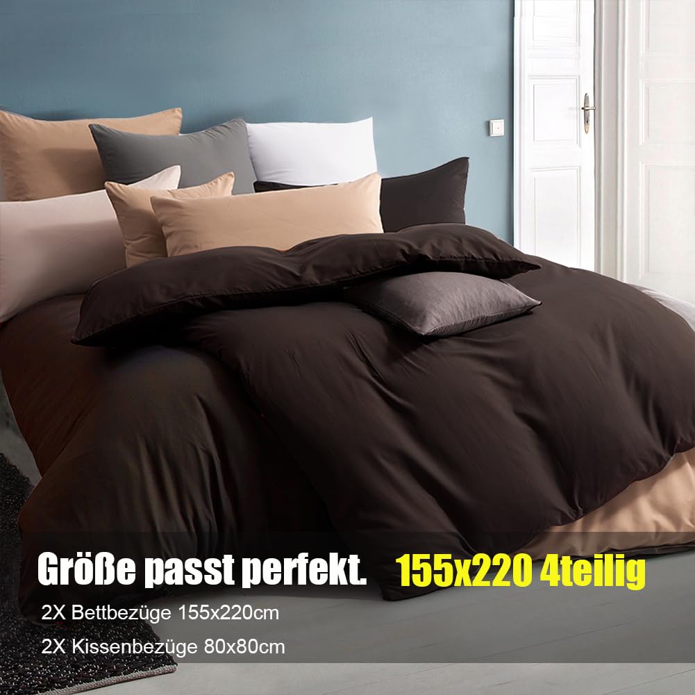 Soifox bedding set 155x220 4 piece Brown - 2 duvet covers 155x220 + 2 pillowcases 80x80 Soft and wrinkle-free microfiber with zipper closure (4 PCS. 155 x 220 cm, Brown)