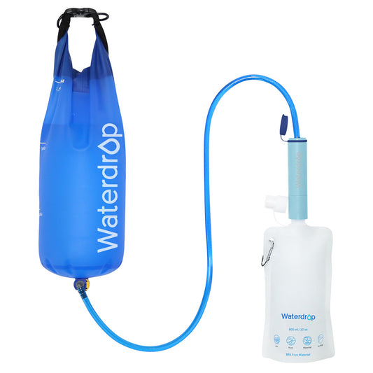 Waterdrop Water Filter Outdoor - Removes 99.99% of Bacteria, Survival Camping Filter System with Gravity Water Bag for Emergencies, Hiking, Travel (Light Blue)