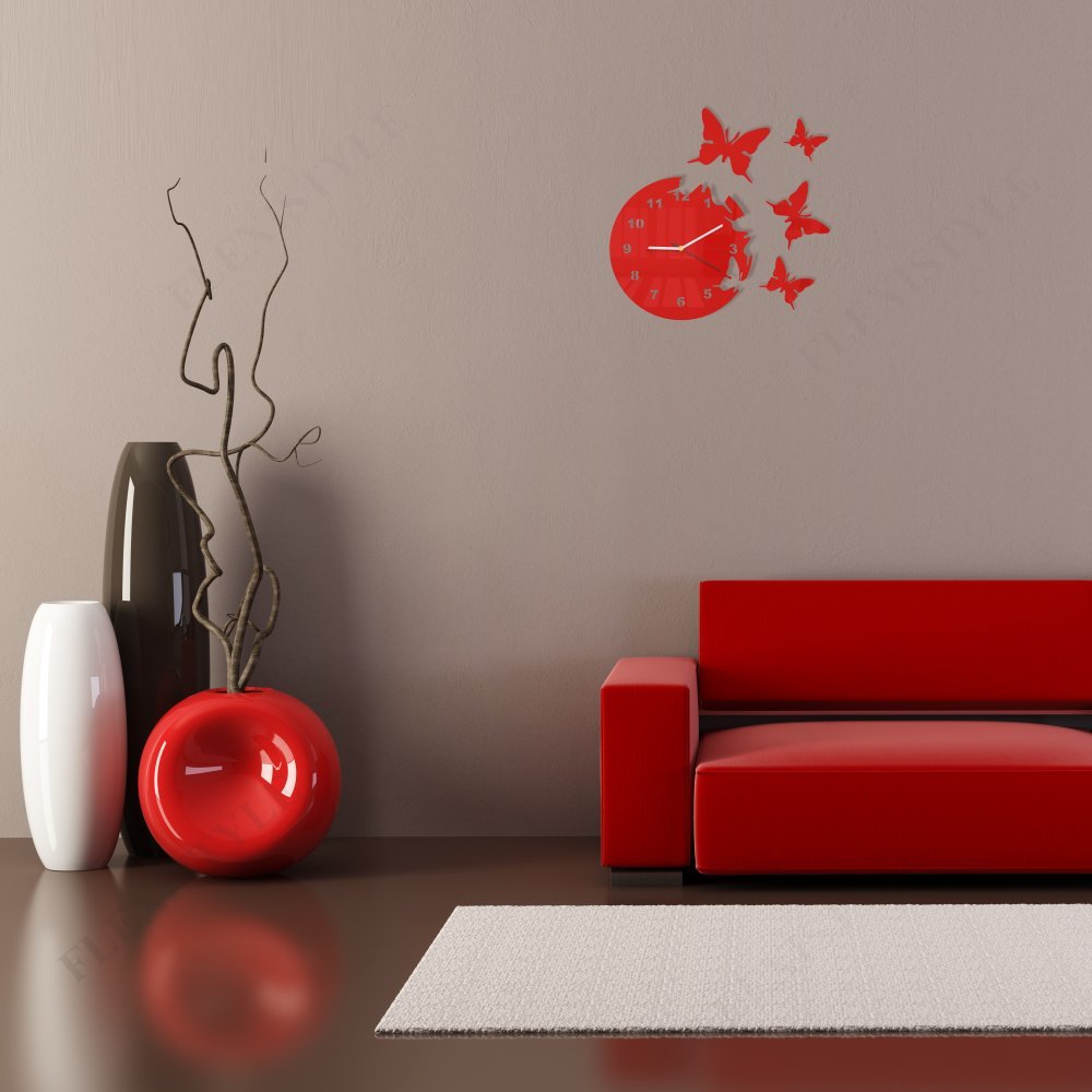 FLEXISTYLE z4c_3 Large Modern Wall Clock Butterfly Red round 30cm, 3D DIY, Living Room, Bedroom, Kids Room