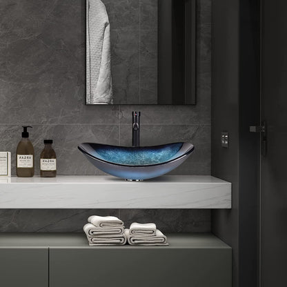 ARTETHYS glass countertop sink with faucet drain, oval washbasin washbasin set in blue, black, for bathroom, kitchen, guest WC.